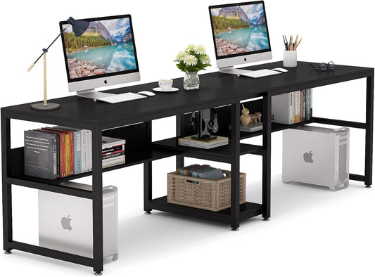 Tribesigns Double Desk with Bookshelf, 31" Computer Office Double Desk for Two People, Rustic Writing Desk Workstation with Shelf for Home Office (Black)