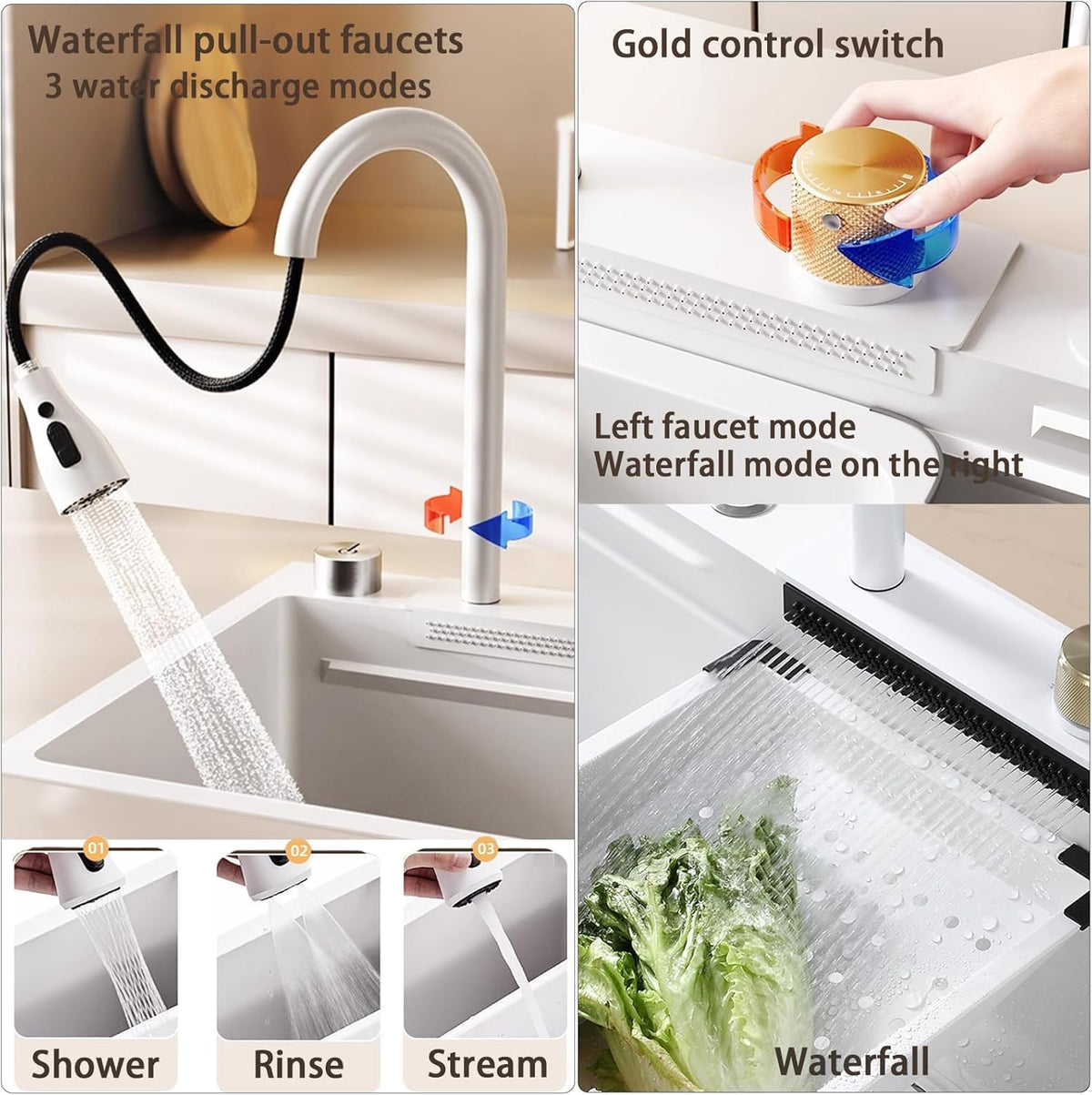 Waterval Gootsteen, Waterval Spoelbak Keuken, 304 Roestvrij Staal Gootsteen met Enkele Spoelbak met Uittrekbare Keukenkraan en Meerdere Accessoires Waterfall Kitchen Sink (Wit, 85x45x20cm)