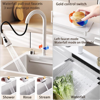 Waterval Gootsteen, Waterval Spoelbak Keuken, 304 Roestvrij Staal Gootsteen met Enkele Spoelbak met Uittrekbare Keukenkraan en Meerdere Accessoires Waterfall Kitchen Sink (Wit, 85x45x20cm)