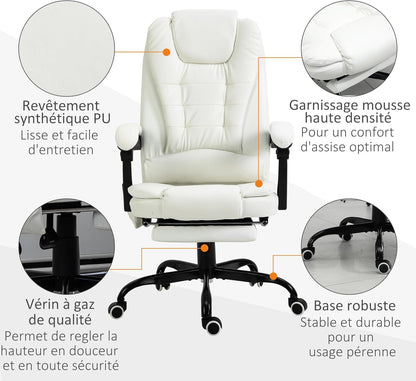 Vinsetto Massagestoel, bureaustoel, ergonomische stoel met verstelbare hoogte, rugleuning kantelbaar en bekabeld, voetensteun, 360° draaibaar, wit