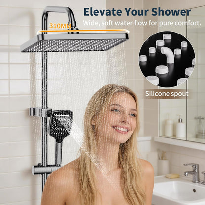 Douchesysteem – Douchepaneel – Regendouche – Handdouche – Bidetdouche – 4 Functies – Thermostatische Mengkraan – 31x20 cm Regendouchekop