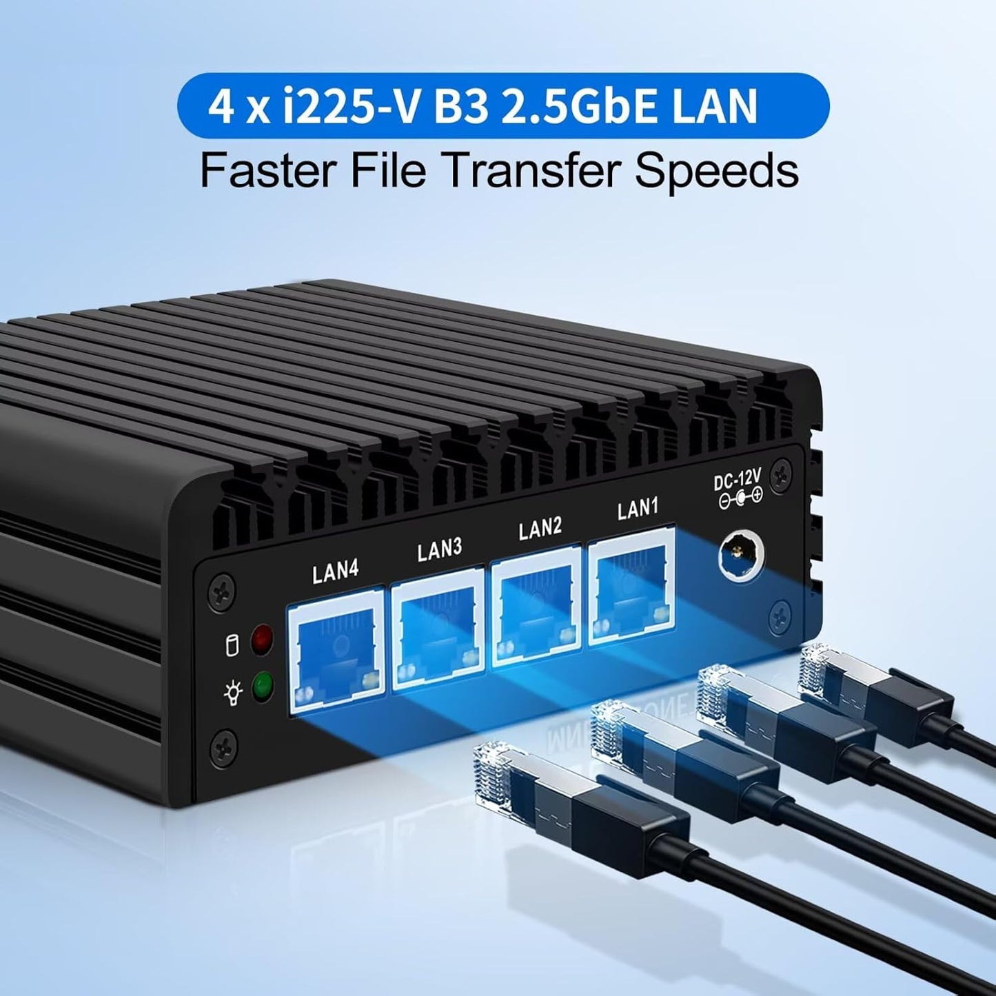 Micro Firewall Appliance, Fanless Mini PC J3710 4C/4T, 4x 2.5 GbE i226-V LAN,AES-NI,DDR3 8GB SSD 128GB Router Netzwerk Security USB3.0/HD/DP/Console RJ45 Port/Wi-Fi, Dual Display