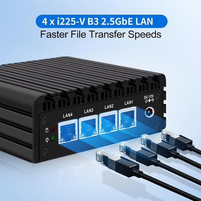 Micro Firewall Appliance, Fanless Mini PC J3710 4C/4T, 4x 2.5 GbE i226-V LAN,AES-NI,DDR3 8GB SSD 128GB Router Netzwerk Security USB3.0/HD/DP/Console RJ45 Port/Wi-Fi, Dual Display