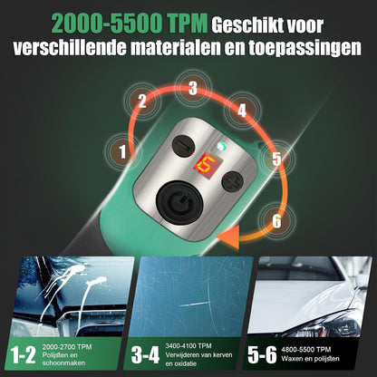BATOCA S5 Snoerloze Auto Polijstmachine Mini Polijstmachine met 2 12V 2.0Ah Batterijen Roterende & Orbitale Auto Polijstmachine 25mm/50mm/75mm Polijstpads 6 Snelheden 2000-5500RPM voor Auto Detailing