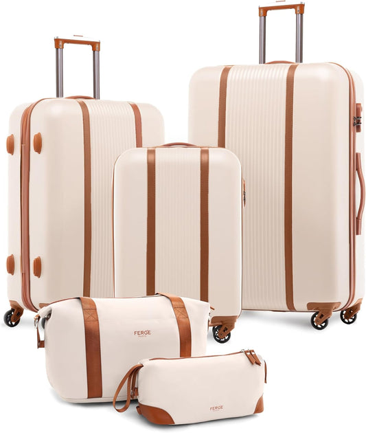 FERGÉ Milano 5-delige set - lichte hardshell koffer 3-delige kofferset met 4 wielen, reistas en toilettas, zwart, beige-bruin, SET DE 5, kofferset