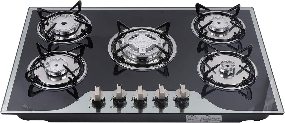 5 Burner Gas Hob Cast Iron Hob Lpg Ng Hob + Stainless Steel Water Bowl Kitchen Appliance Tempered Glass Top Built in for a Variety of Kitchen Cooks Automatic Pulse Ignition - QUORE