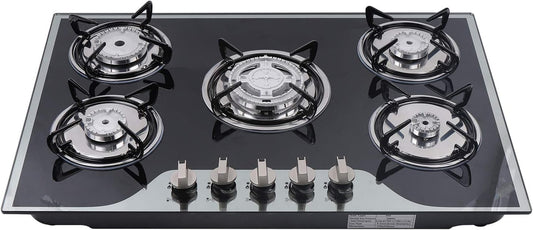 5 Burner Gas Hob Cast Iron Hob Lpg Ng Hob + Stainless Steel Water Bowl Kitchen Appliance Tempered Glass Top Built in for a Variety of Kitchen Cooks Automatic Pulse Ignition - QUORE