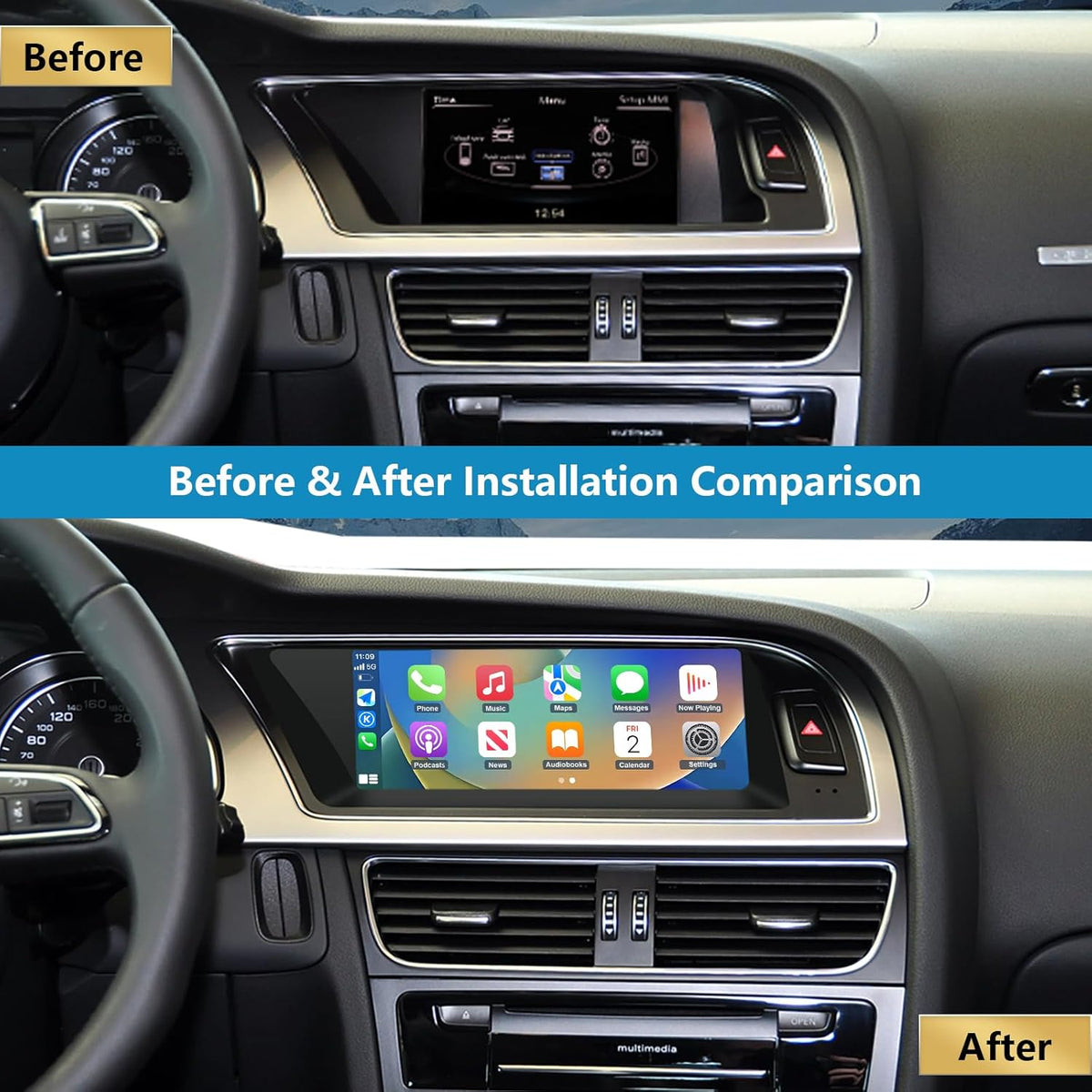 Ninetom Autoradio 8,9 inch touchscreen met draadloze Carplay en Android auto voor 2008-2016 Audi A5 S5 met 3G MMI+ systeem, ondersteunt mirrorlink, camera, navigatie