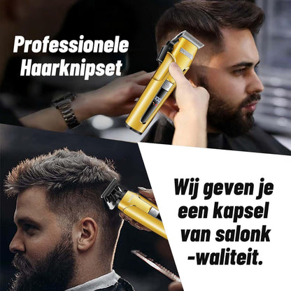 VGR 694 Professionele Tondeuseset, Draadloze Tondeuse voor Mannen, Trimmer en Scheerapparaatset met Magnetisch Laadstation, Kappersset met Keramisch Koolstofstalen Mes en LED Display, Goud