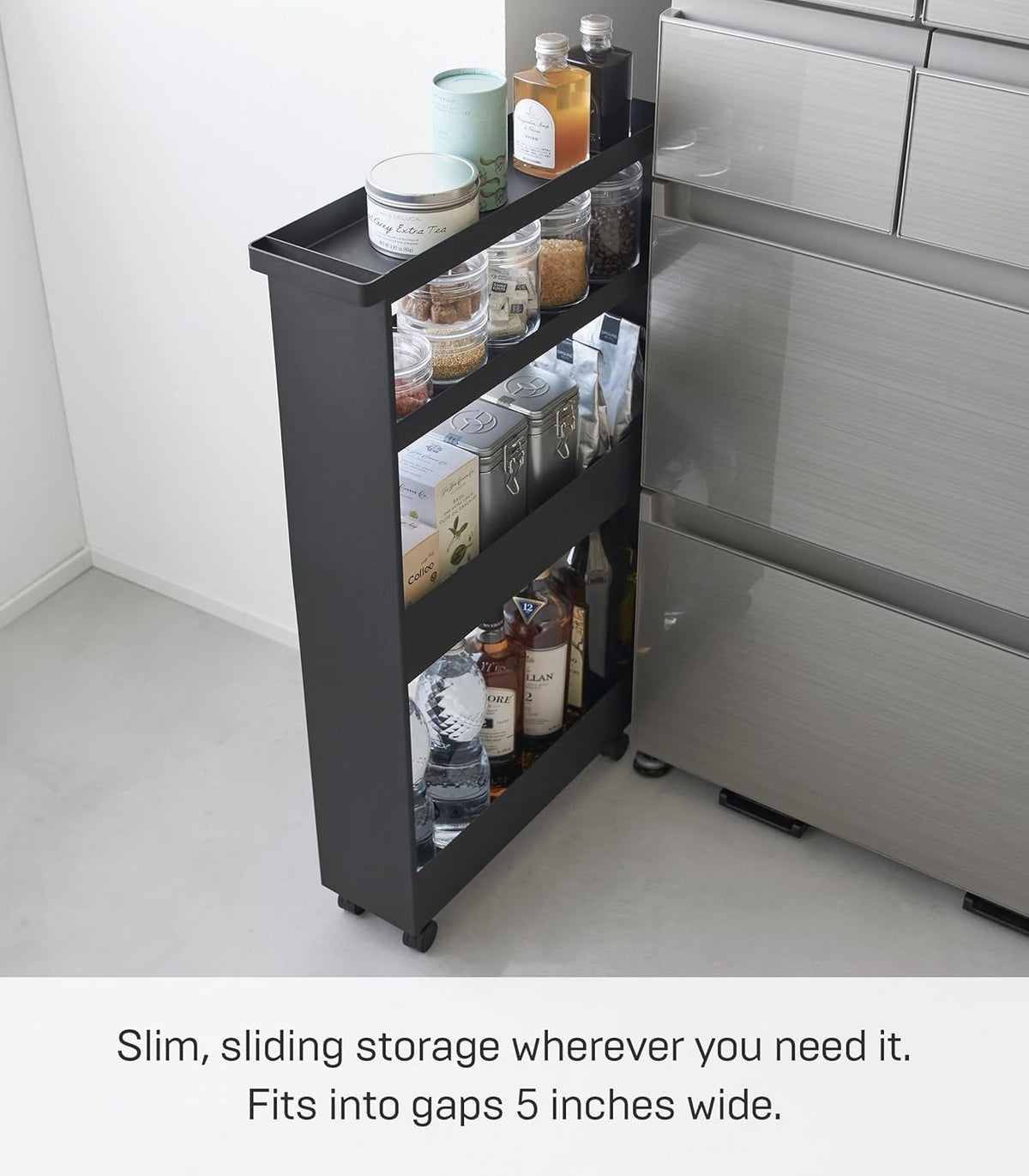 Yamazaki 1807 TOWER Slim 4~Tiered Storage Cart, black, Steel/Nylon, 13 x 48 x 80.5 cm