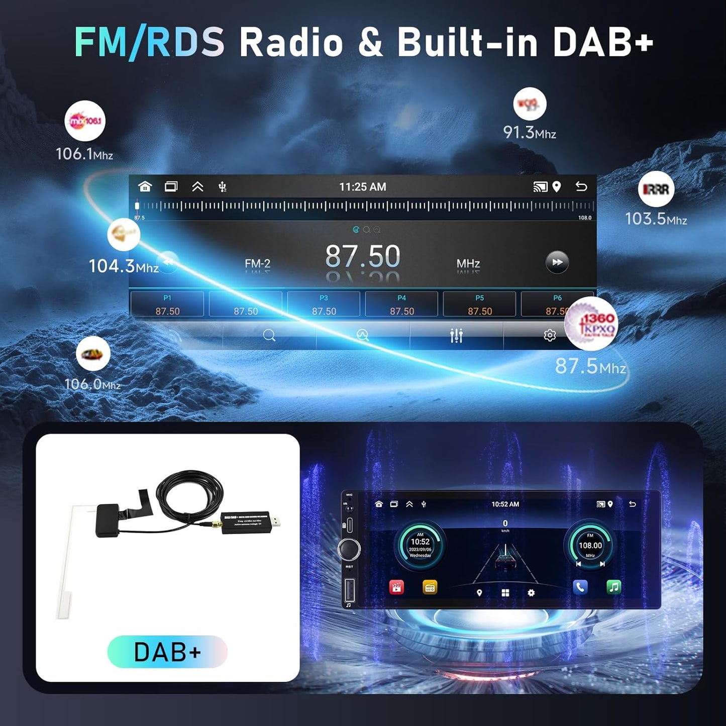 CarPlay autoradio 1 DIN 2G+64G, Podofo 6,86 inch touchscreen autoradio met DAB+, Bluetooth/FM/RDS/Navi/Stuurwielbediening/WiFi, Android autoradio
