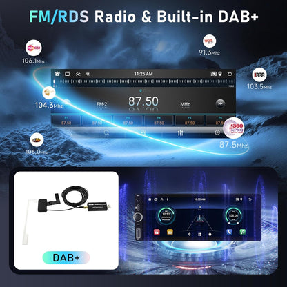 CarPlay autoradio 1 DIN 2G+64G, Podofo 6,86 inch touchscreen autoradio met DAB+, Bluetooth/FM/RDS/Navi/Stuurwielbediening/WiFi, Android autoradio