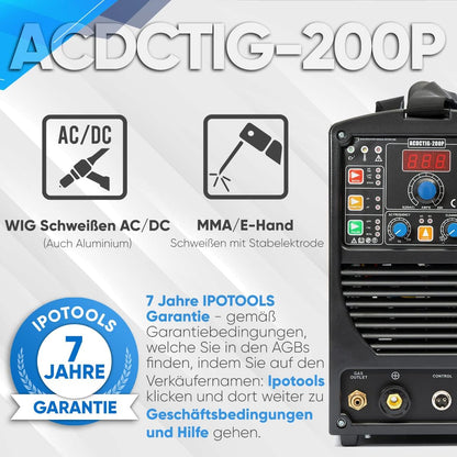 IPOTOOLS ACDCTIG 200P WIG Lasapparaat, AC/DC, lasapparaat met 200 ampère, volledig digitaal inverter-lasapparaat, inclusief HF-ontsteking, pulsfunctie, MMA/E-hand, IGBT