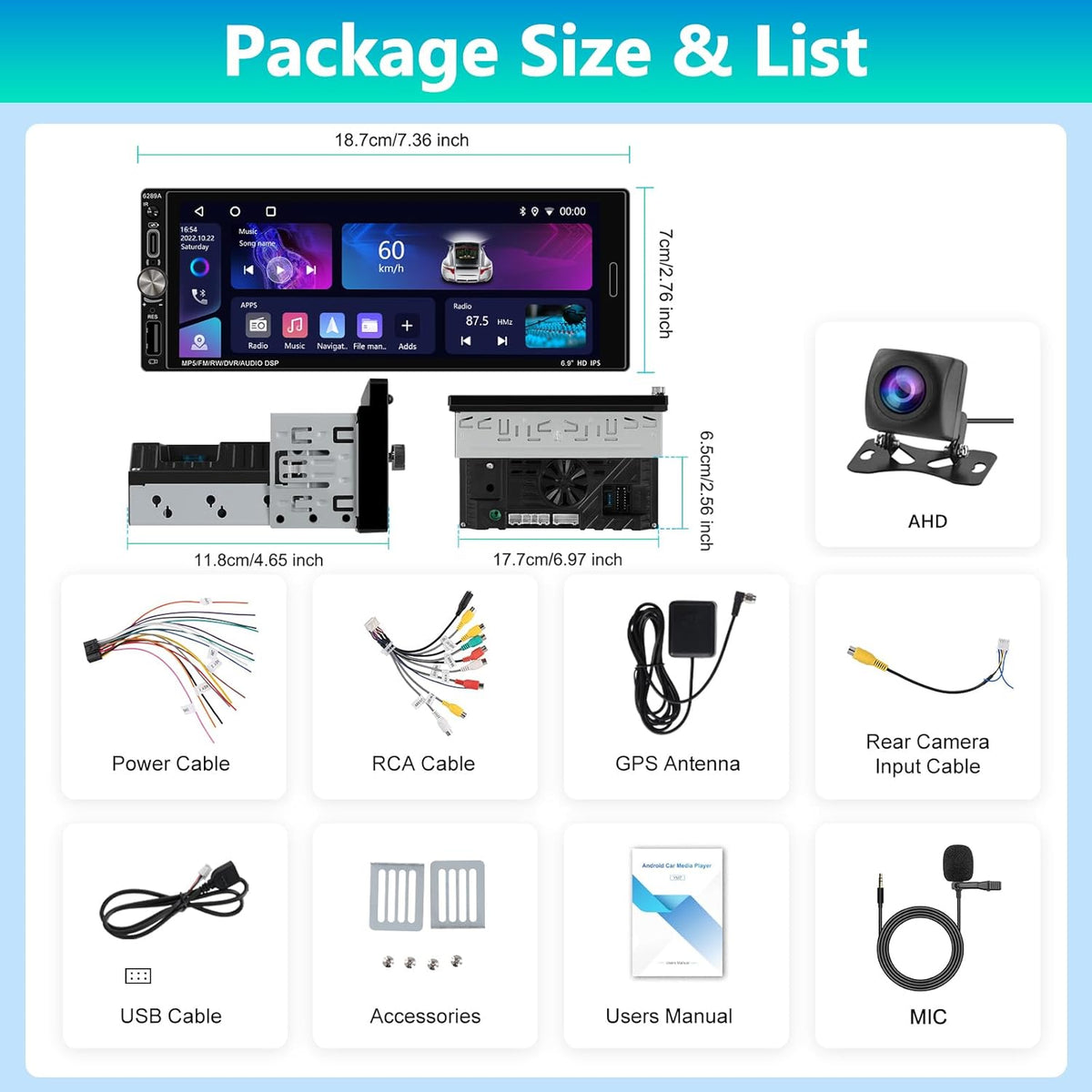 2+32G Carplay Auto Radio 1 din Android met Android Auto GPS-Navigatie, Bluetooth Single din Radio Auto met Scherm, Stereo Auto Support Mirrorlink/FM/WIFI/USB/SWC+Achteruitrijcamera