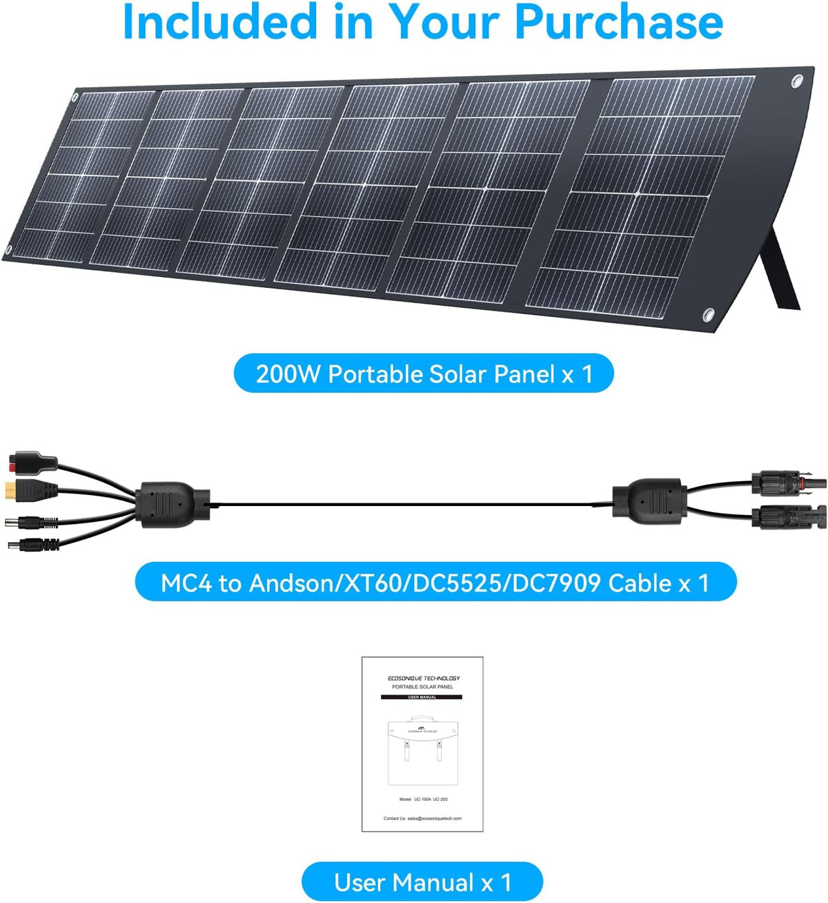 Ecosonique 200W Portable Solar Panel Foldable with Kickstand, USB-C PD3.0 & USB-A QC3.0, MC4, Multi-Output for Power Stations, Generators, Motorhomes, Hiking - QUORE