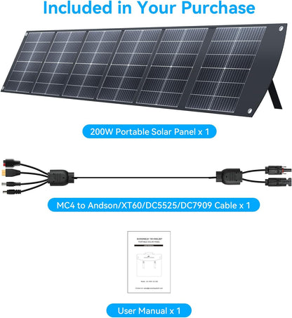 Ecosonique 200W Portable Solar Panel Foldable with Kickstand, USB-C PD3.0 & USB-A QC3.0, MC4, Multi-Output for Power Stations, Generators, Motorhomes, Hiking - QUORE