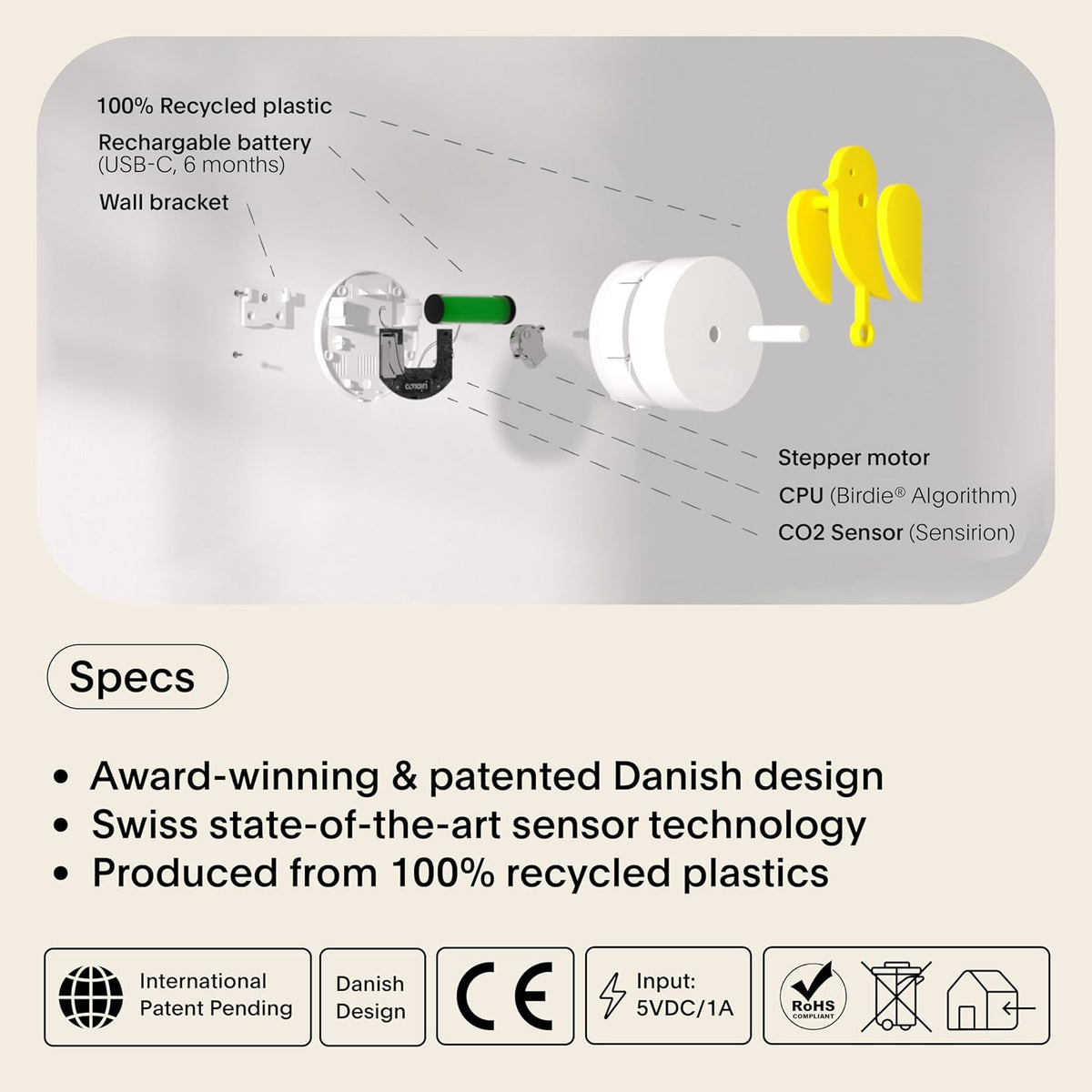 Birdie 2.0 Design CO2-monitor voor binnenshuis, luchtkwaliteitsmeter voor thuis en op kantoor, bevordert geestelijke en lichamelijke gezondheid (Yellow)