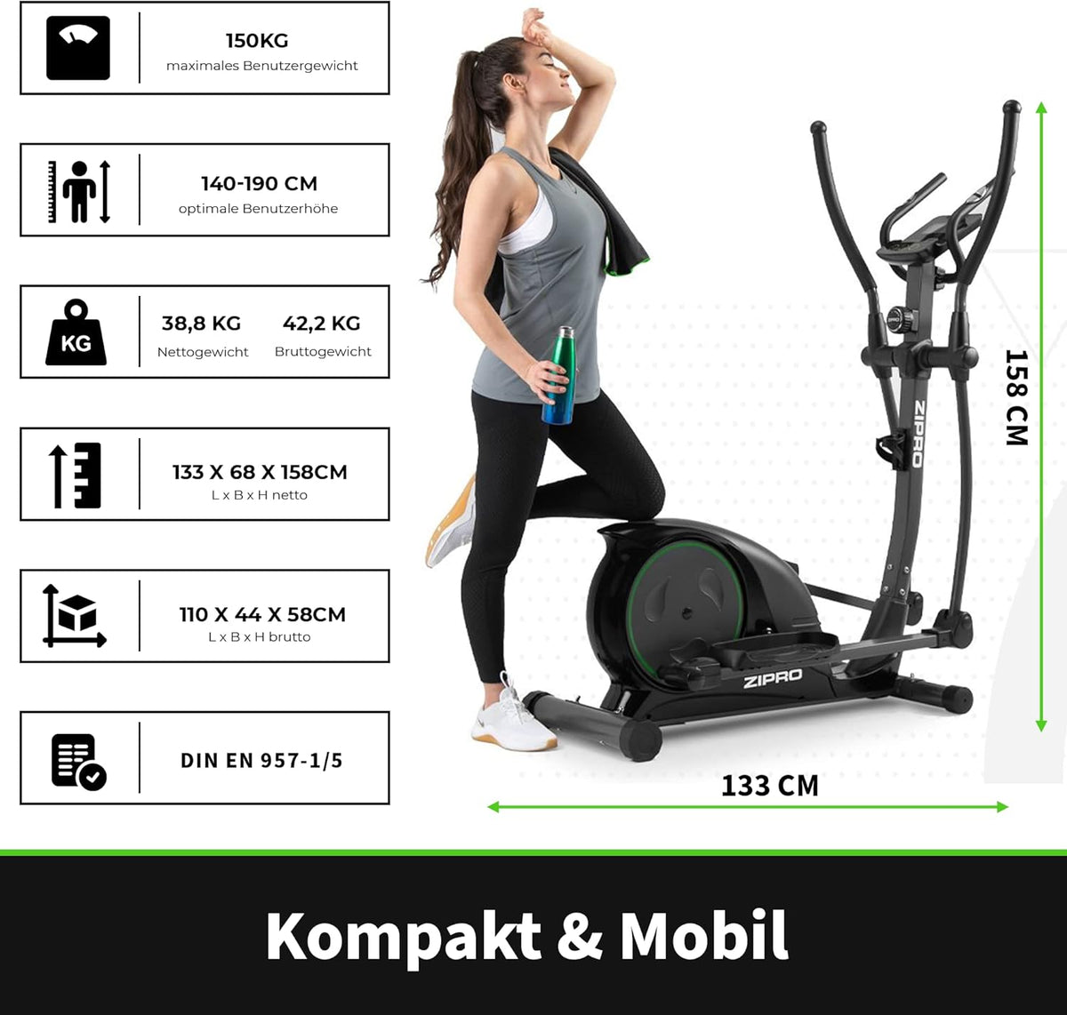 Zipro Hulk Magnetic Elliptical Cross Trainer for Adults, up to 150 kg, Black, One Size, One Size - QUORE