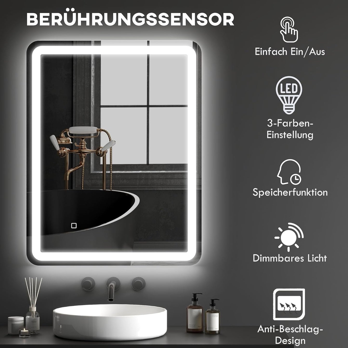 Badkamerspiegel – Wandspiegel – LED Spiegel – Verlichte Spiegel – Touch Spiegel – 70 x 90 cm – Anti-Condens – Geheugenfunctie