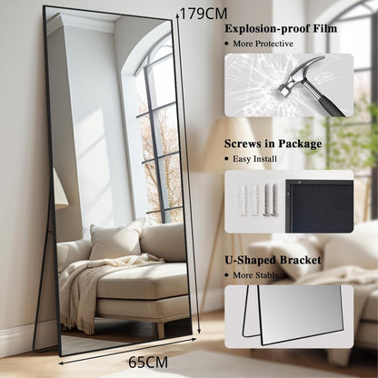 Volledige Lichaamsspiegel – Staande Spiegel – Vloerspiegel – Wandspiegel – Grote Staande Spiegel – Zwart Aluminium Frame – 179 x 65 cm – Veilig Nano-Glas Met Explosieveilige Technologie