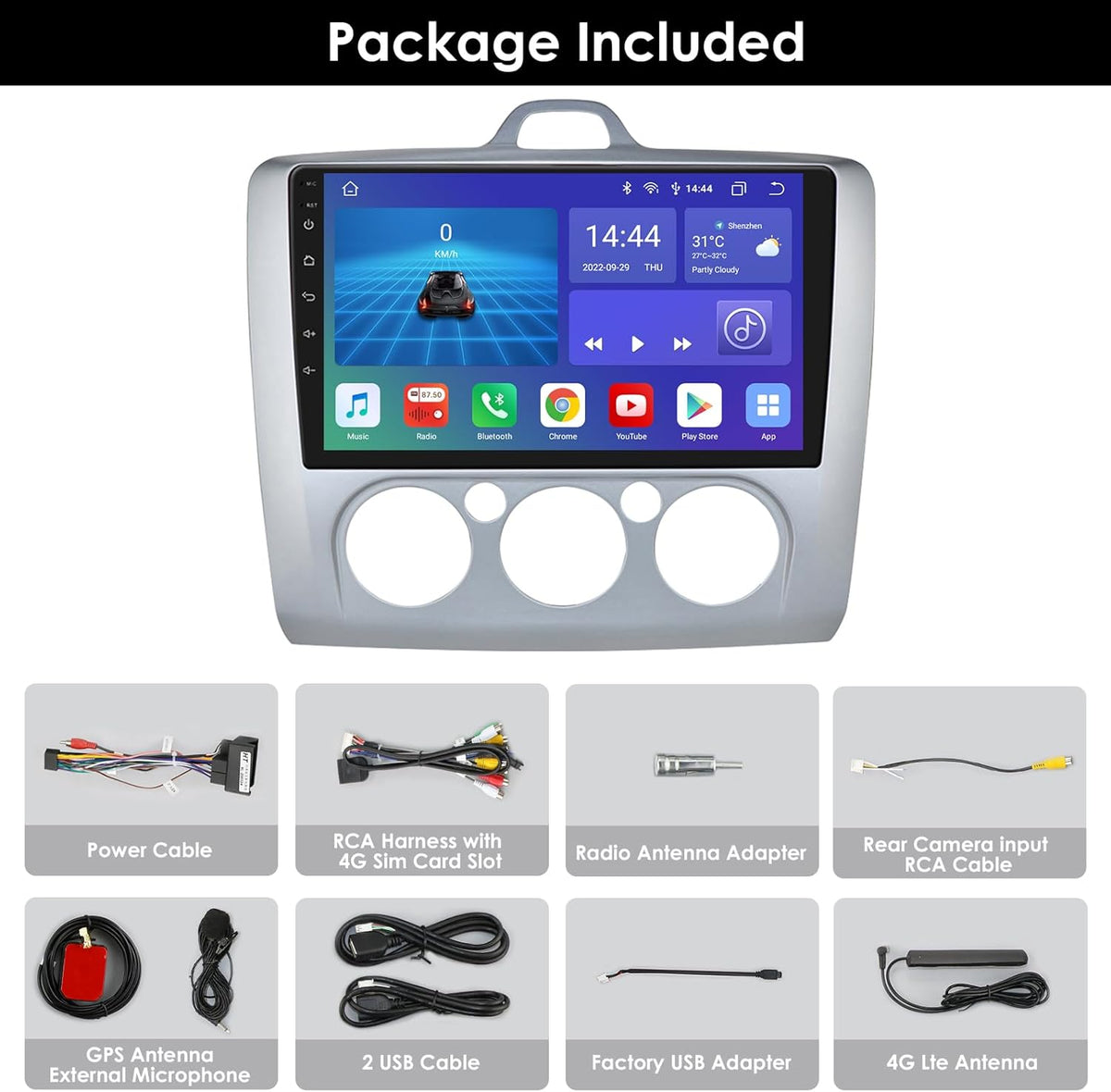Ossuret autoradio voor Ford Focus Exi MT 2 3 Mk2 / Mk3 (2004-2011), 9 inch QLED touchscreen 4+32GB Android 12 GPS navigatie met Carplay weather Bluetooth USB WC WiFi DSP USB