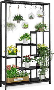 Plantenrek - Plantenstandaard - Plantenrek voor Binnen en Buiten - Plantenrek met 5 Niveaus en 10 S-haken - Zwart - 100 x 30 x 180 cm