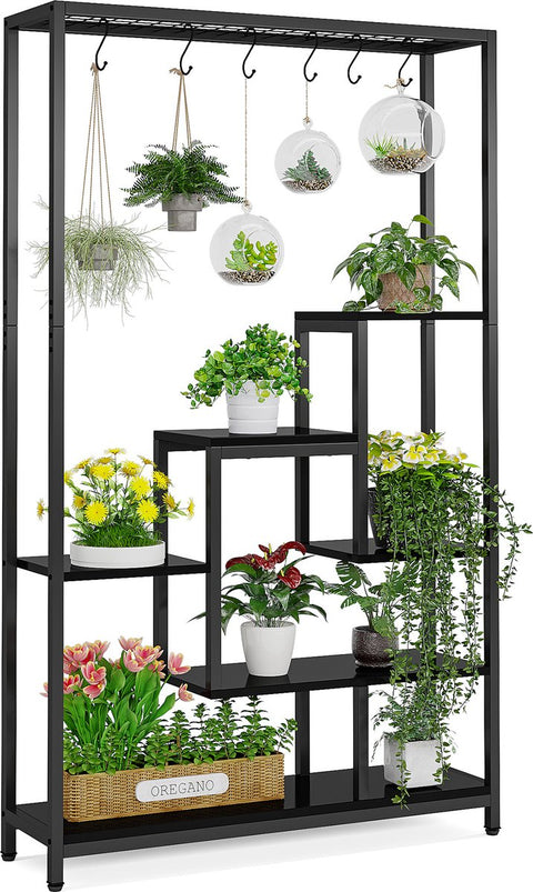 Plantenrek - Plantenstandaard - Plantenrek voor Binnen en Buiten - Plantenrek met 5 Niveaus en 10 S-haken - Zwart - 100 x 30 x 180 cm