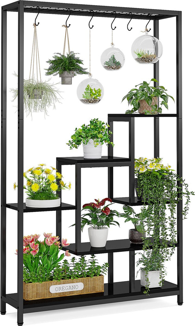 Plantenrek - Plantenstandaard - Plantenrek voor Binnen en Buiten - Plantenrek met 5 Niveaus en 10 S-haken - Zwart - 100 x 30 x 180 cm