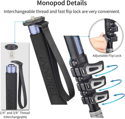 Monopod – Videomonopod – Cameramonopod – Camerastatief – Videostatief – Fluid Head Met 360° Pan En -52° Tot +91° Kanteling – Aluminiumlegering, 182 Cm Hoog En 10 Kg Draagvermogen