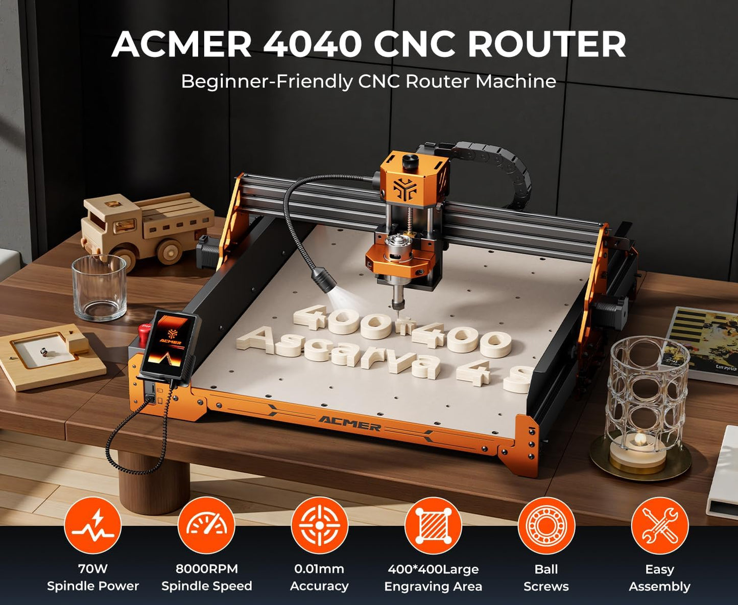 CNC-routermachine, ACMER Ascarva 4S CNC-freesmachine, 70W 24V spindelvermogen, 15,7 x 15,7 x 3,7 inch, 120 W hele machinevermogen voor hout, kunststof, acryl, MDF-snijwerk.