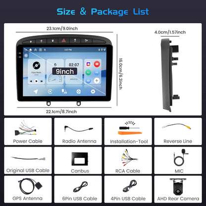 4+128G autoradio voor Peugeot 408/308/308SW 2007-2013, Android 15 met 9-inch In-Cell scherm, ondersteunt draadloze CarPlay en Android Auto, Mirror Link, FM/RDS-radio, GPS, wifi, Bluetooth