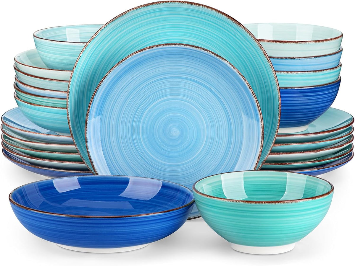 vancasso Bonita Blauwe Dinerset, 24-delig dinerservies voor 6 personen, handbeschilderde draaiende borden en kommen in moderne stijl, inclusief dinerborden, dessertborden, pastakommen en ontbijtkommen