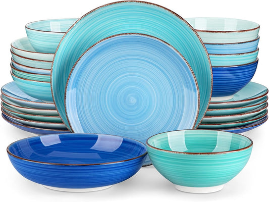 vancasso Bonita Blauwe Dinerset, 24-delig dinerservies voor 6 personen, handbeschilderde draaiende borden en kommen in moderne stijl, inclusief dinerborden, dessertborden, pastakommen en ontbijtkommen
