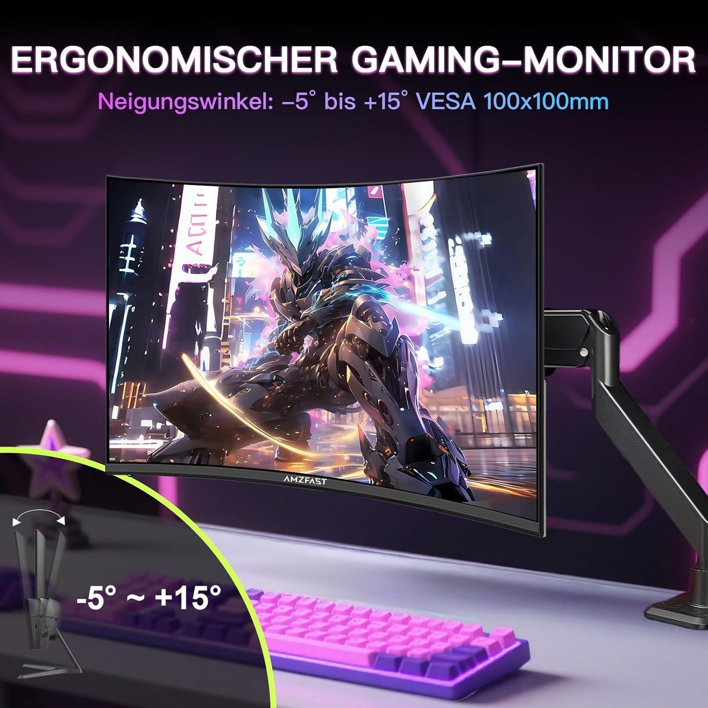 Amzfast Gaming Monitor Curvo 27'' 180 Hz, 1 ms MPRT, AMD FreeSync Premium, HDR10, DCI-P3 90%, Anti-Flicker/Glare, Low Blue Light, 1500R, VESA-bevestiging, HDMI/DP, met HDMI-kabel, AMZG27C1