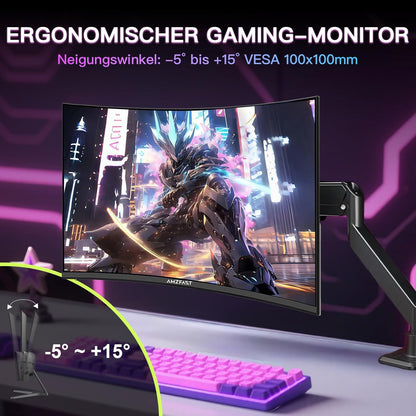 Amzfast Gaming Monitor Curvo 27'' 180 Hz, 1 ms MPRT, AMD FreeSync Premium, HDR10, DCI-P3 90%, Anti-Flicker/Glare, Low Blue Light, 1500R, VESA-bevestiging, HDMI/DP, met HDMI-kabel, AMZG27C1