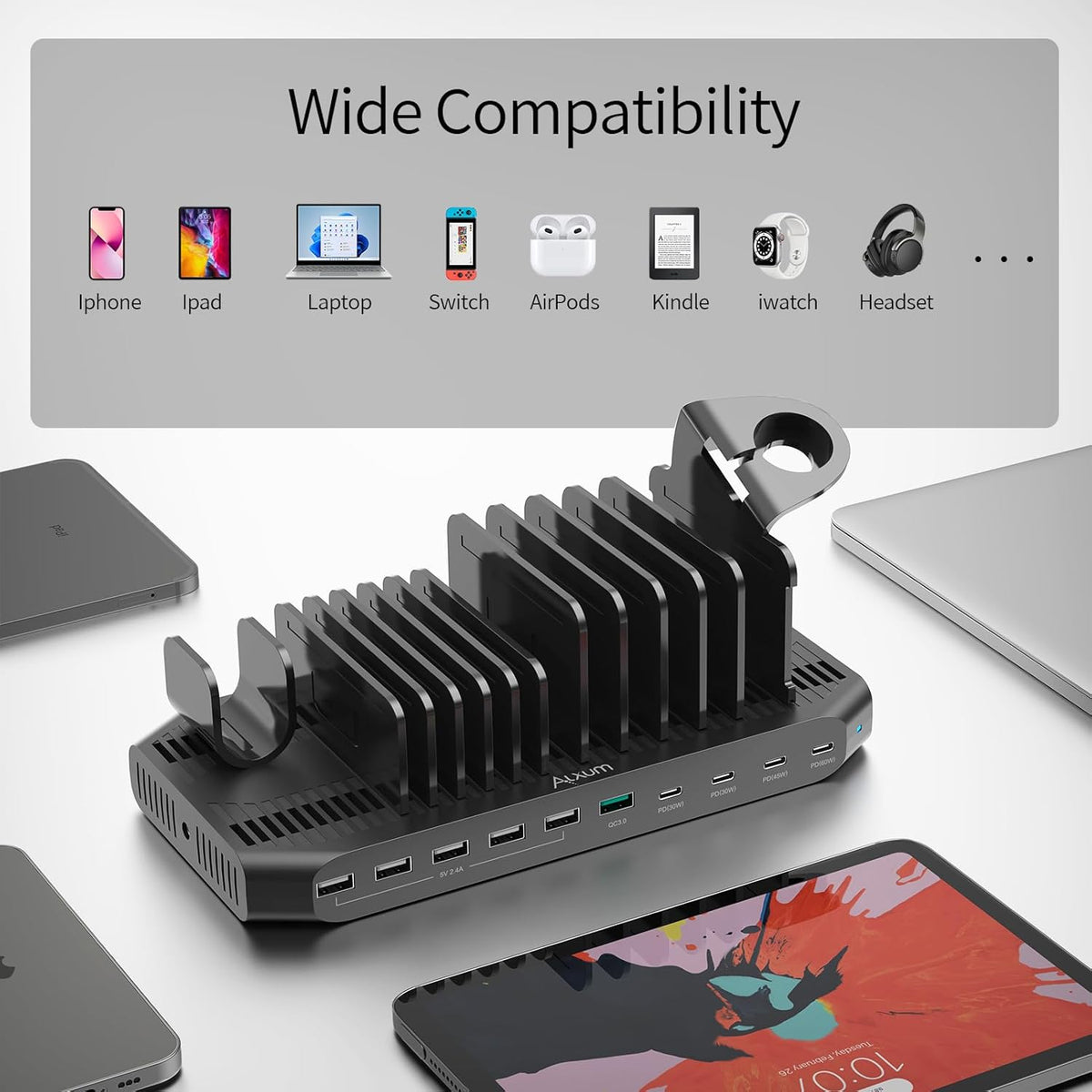 Alxum 140W USB C oplaadstation-10 Port Fast Tablet oplaadstation met QC 3.0 & PD 60W + 45W + 30W, Multi oplaadstation met verstelbare verdelers compatibel voor laptop, iPad, tablet, iwatch