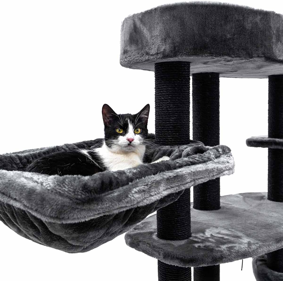 Kattenkrabpaal – Krabmeubel – Kattenboom – Krabton – Krabhuis – Zwart – 177 cm Hoog – Inclusief Comfortabele Ligbak & Ruim Kattenhol