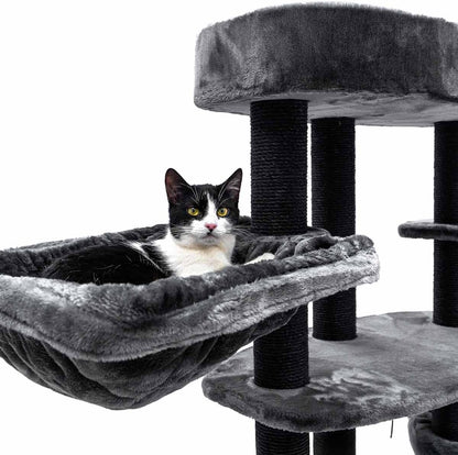 Kattenkrabpaal – Krabmeubel – Kattenboom – Krabton – Krabhuis – Zwart – 177 cm Hoog – Inclusief Comfortabele Ligbak & Ruim Kattenhol