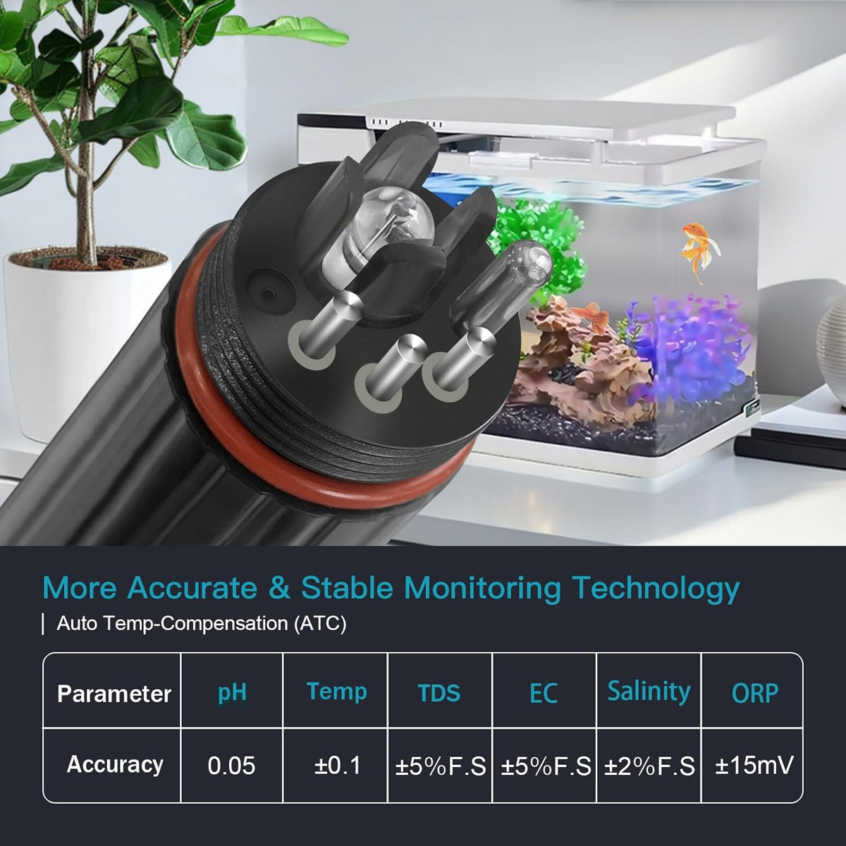 7-in-1 Smart aquarium watertester, pH, chloor, zoutgehalte, TDS, EC, ORP en temperatuurmeting voor aquaria met WLAN en Tuya-app voor real-time monitor en automatische meldingen