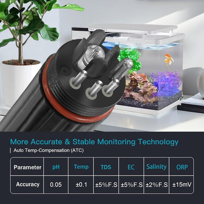7-in-1 Smart aquarium watertester, pH, chloor, zoutgehalte, TDS, EC, ORP en temperatuurmeting voor aquaria met WLAN en Tuya-app voor real-time monitor en automatische meldingen