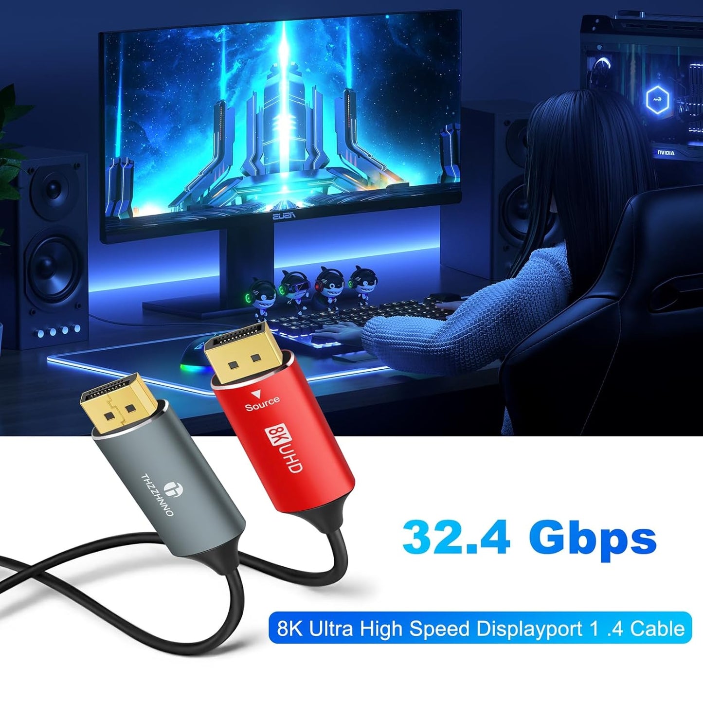 4K 8K DisplayPort Optische Glasvezelkabel 75M, DP naar DP 1.4 Kabel 8K@30Hz, 4K@144Hz 32.4Gbps ondersteuning HDR, G-Sync FreeSync voor laptop, PC, TV