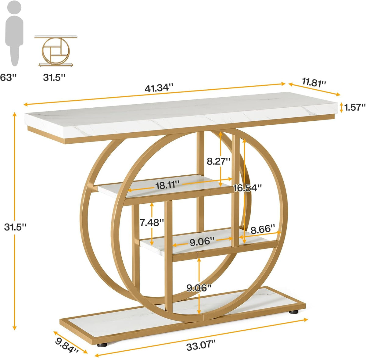 Tribesigns Console Table 105cm with 4 Levels, Narrow Industrial Sofa Table with Round Metal Frame, Wooden Entrance Table with Storage Racks for Living Room (White Gold)