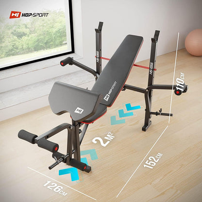 Hop-Sport Adjustable Fitness Bench HS-1055 with Curlpult, Butterfly and Leg Curler incl. 38 kg - 130 kg Dumbbell Set of Choice Long and Curl Bar - QUORE
