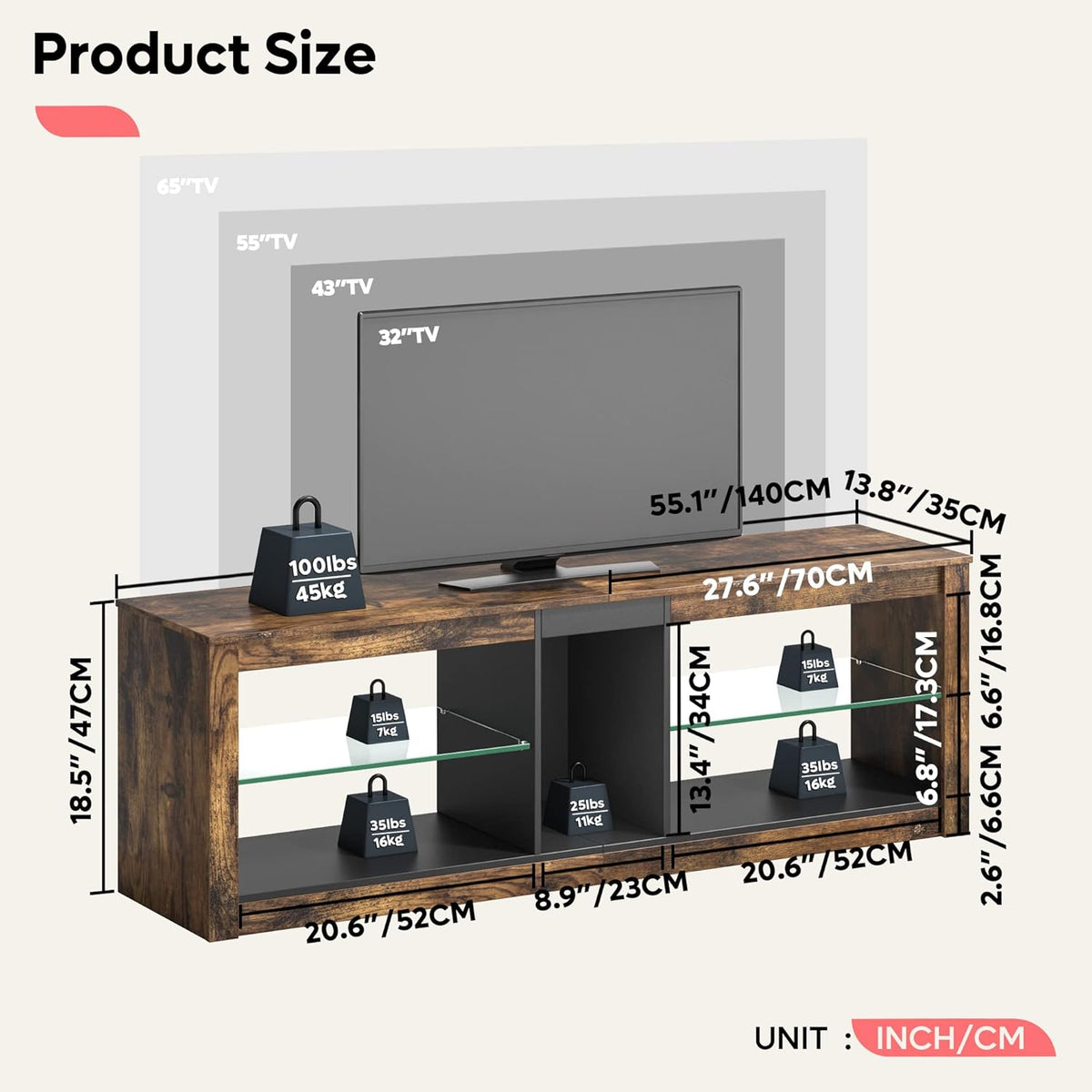 Bestier 140cm tv-standaard, tv-tafel voor tv's van 65 inch en kleiner met RGB LED-verlichting, 3 stopcontacten en 2 USB-oplaadpoorten