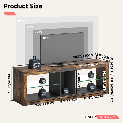 Bestier 140cm tv-standaard, tv-tafel voor tv's van 65 inch en kleiner met RGB LED-verlichting, 3 stopcontacten en 2 USB-oplaadpoorten