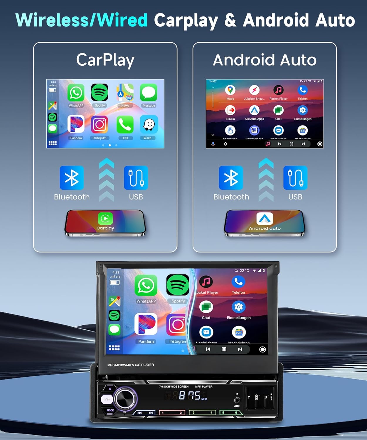 Rimoody Autoradio, 1 Din Wireless Carplay Android Auto met 7 Pollici HD touchscreen, handmatig intrekbare beeldscherm, autoradio met Bluetooth GPS Navi Mirror Link FM/AM/RDS radio TF/USB/AUX