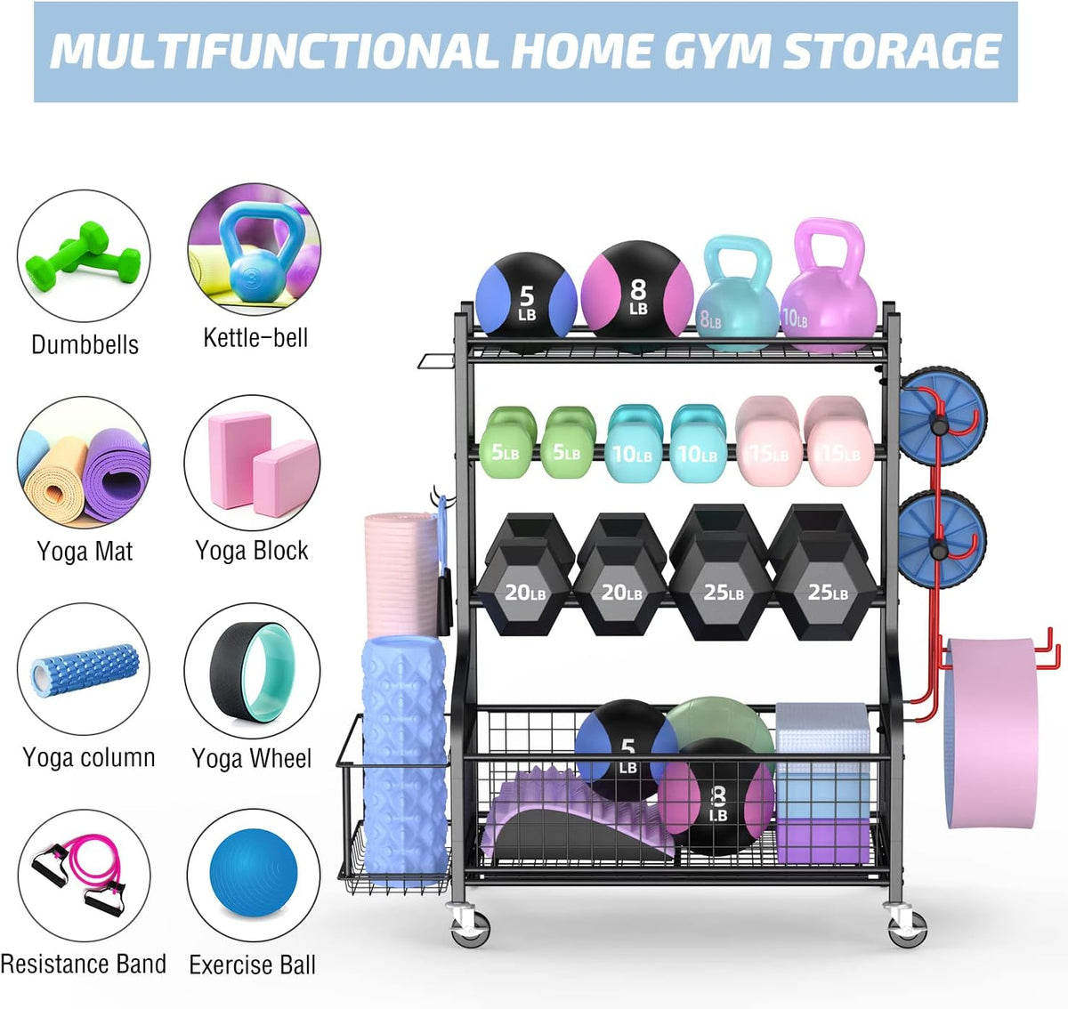 Mythinglogic Halterstandaard, multifunctioneel halterrek voor halters, yogamat, fasciarol, kettlebell en yogablok, gepoedercoat staal, met haken en wieltjes