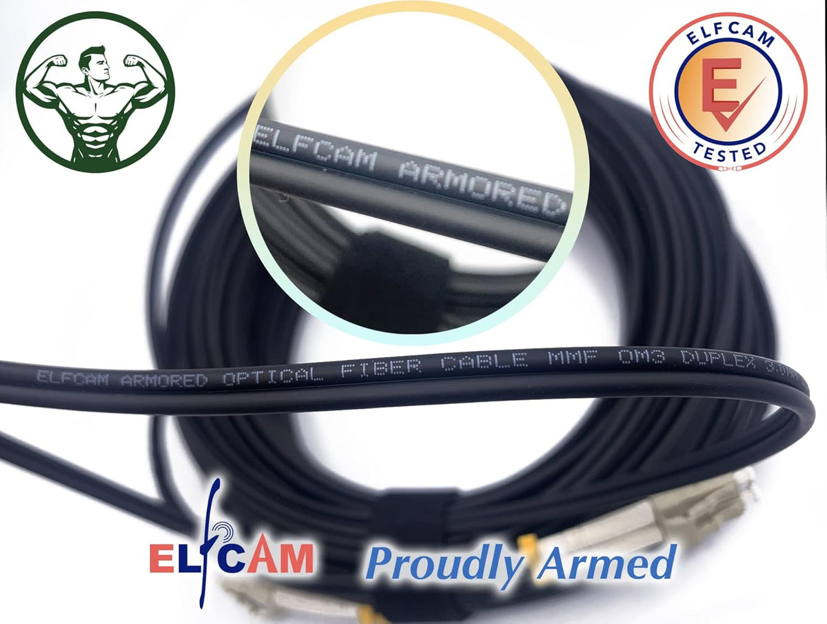 Elfcam® - Gepantserde staalvezel optische kabel voor buiten en binnen LC/UPC naar LC/UPC OM3 Multimode Duplex 50/125um Zwart (300M)