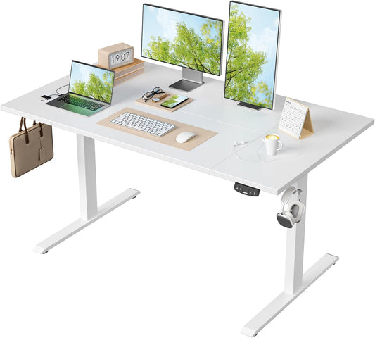 Agilestic In hoogte verstelbaar bureau 140 x 80 cm, stabiel bureau met elektrische hoogteverstelling en handmatige bediening met geheugen, ergonomisch bureau om staand of zittend te werken, wit