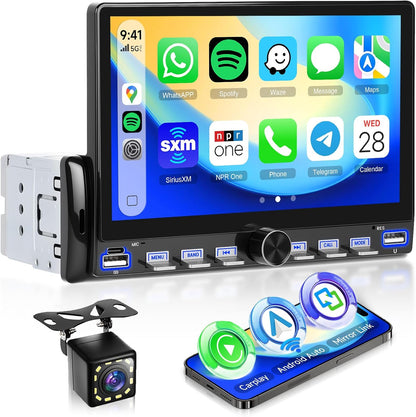 Hodozzy Autoradio 1 DIN met draadloze Carplay Android Auto, 7 inch touchscreen autoradio 1 DIN Bluetooth, spiegellink, FM Type-C/USB/AUX, MP5-online videospeler met achteruitrijcamera